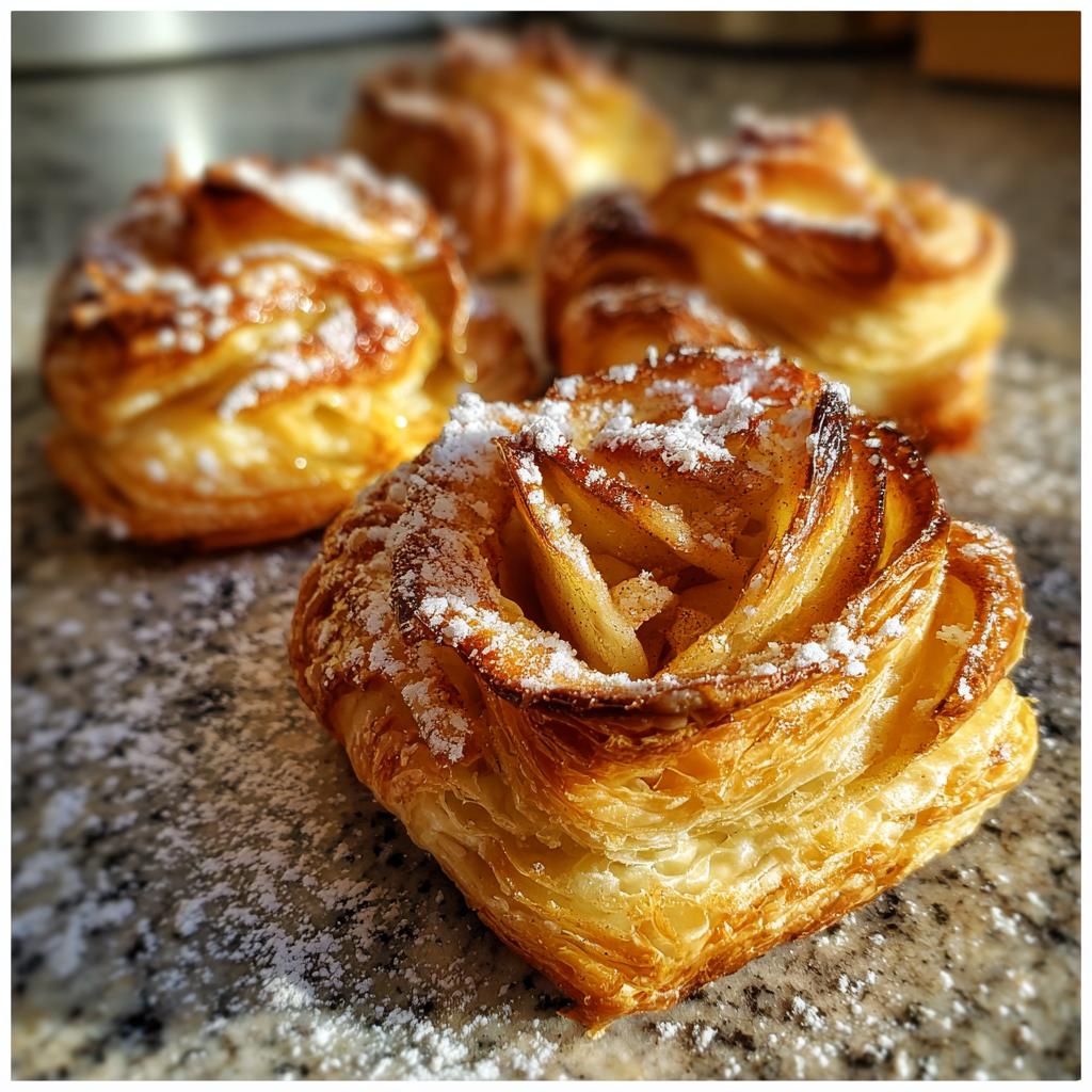 Nahaufnahme von goldbraunen Mini-Apfelrosen aus Blätterteig, bestäubt mit Puderzucker.
