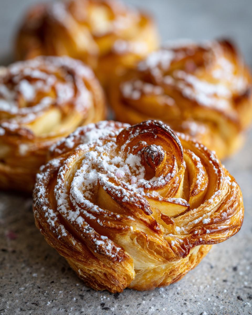 Nahaufnahme von goldbraunen Mini-Apfelrosen aus Blätterteig, bestäubt mit Puderzucker.