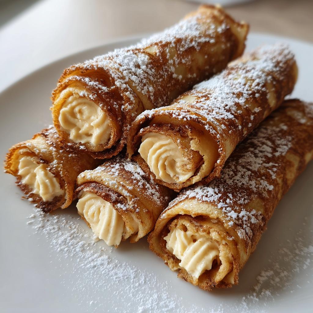 Fünf goldbraune Mini-Crêpe-Rollen, gefüllt mit cremiger Nusscreme und bestäubt mit Puderzucker.