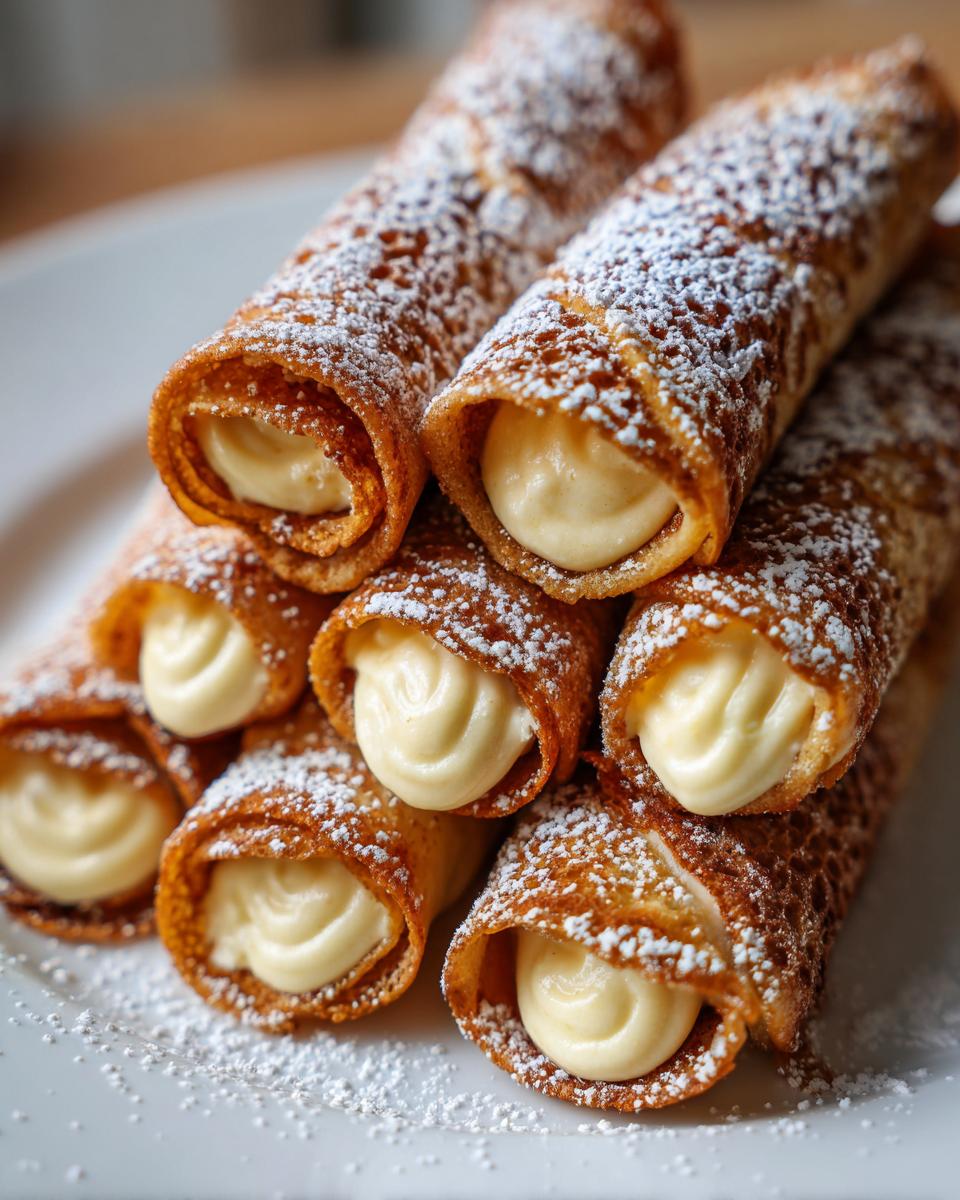 Nahaufnahme von gestapelten Mini-Crêpe-Rollen mit Nusscreme, bestäubt mit Puderzucker.