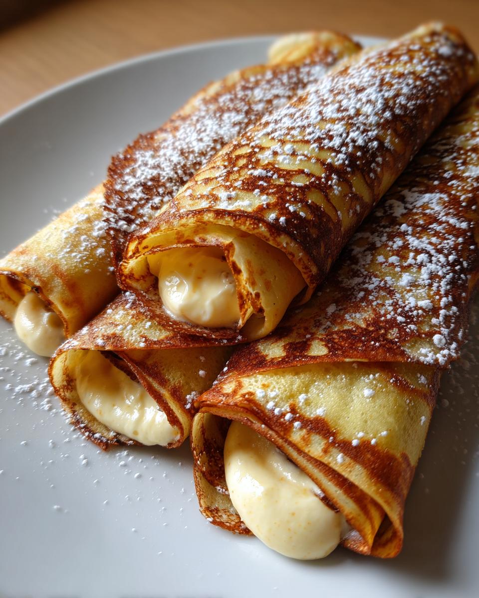 Nahaufnahme von drei gerollten Mini-Crêpe-Rollen mit Nusscreme, bestäubt mit Puderzucker.