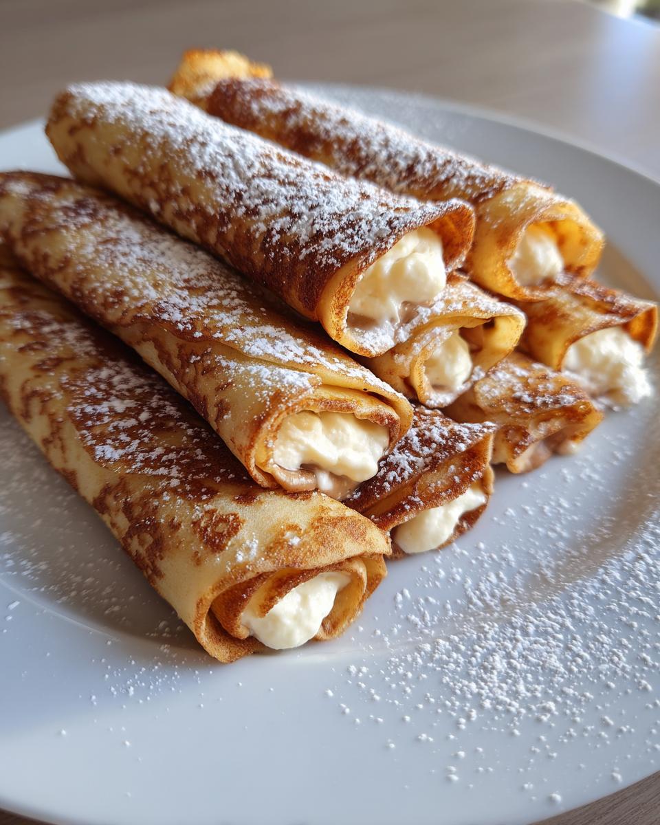 Nahaufnahme von goldbraunen Mini-Crêpe-Rollen, gefüllt mit weißer Creme und bestäubt mit Puderzucker.
