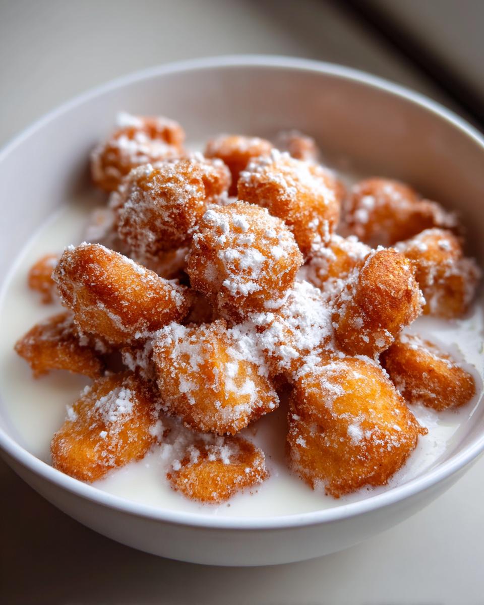 Eine Schüssel mit goldbraunem Mini-Donut-Cereal, bedeckt mit Puderzucker und Milch.