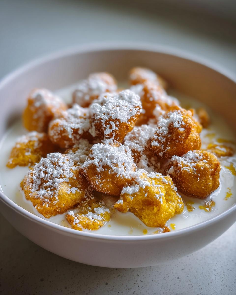 Nahaufnahme von goldbraunen Mini-Donut-Cereal Stückchen, üppig mit Puderzucker bestreut, in einer Schüssel Milch.