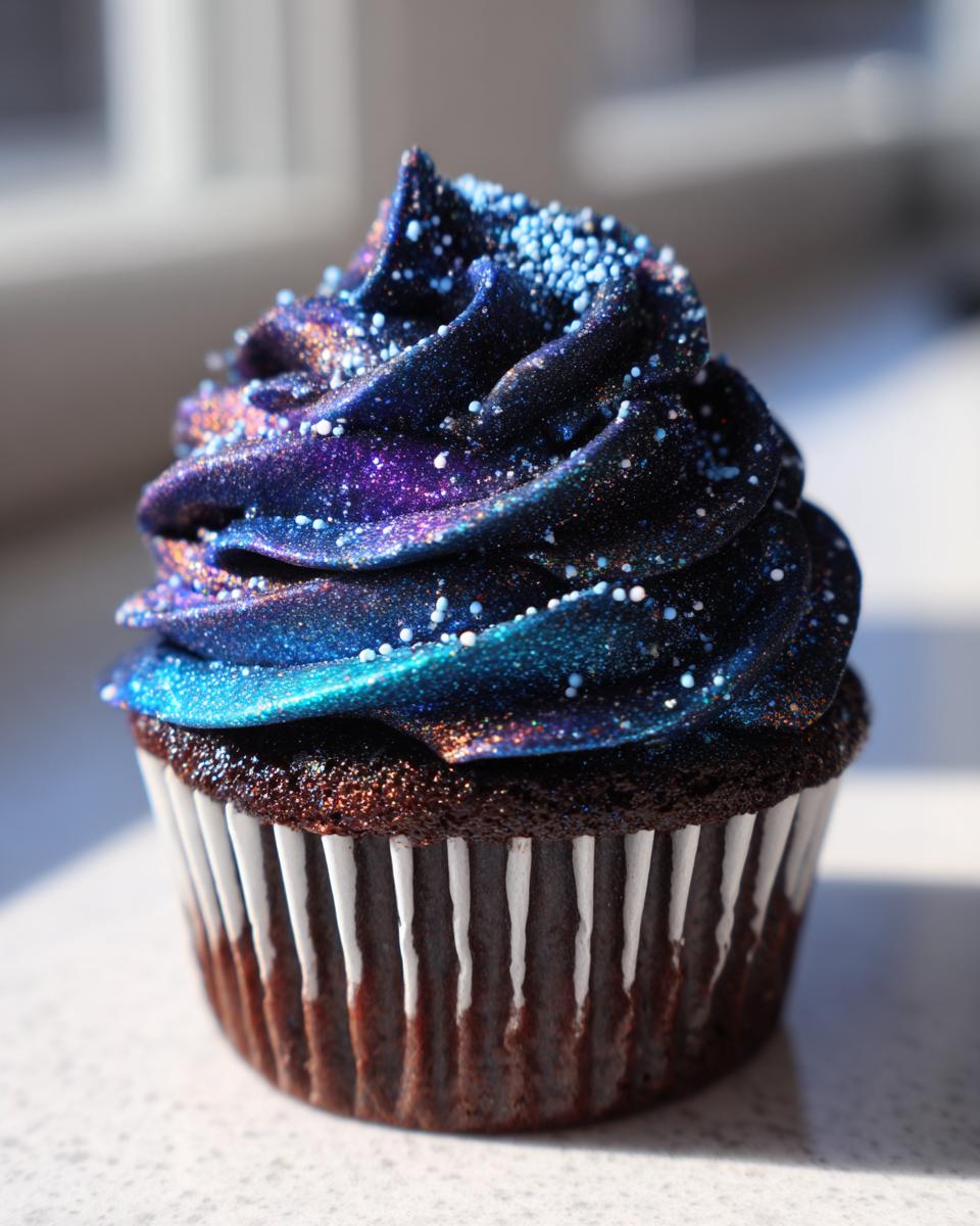 Nahaufnahme eines schokoladigen Mini-Galaxie-Cupcakes mit tiefblauem, glitzerndem Frosting und weißen Streuseln.