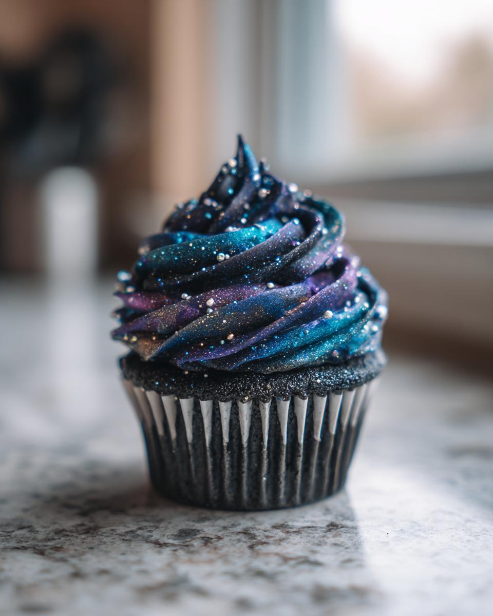 Nahaufnahme eines dunklen Mini-Galaxie-Cupcakes mit blau-violetter, glitzernder Buttercreme und silbernen Zuckerperlen.