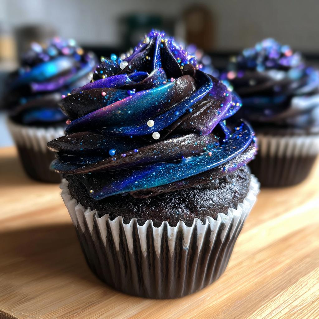 Ein Schokoladen-Muffin mit dunklem, spiralförmigem Frosting, das in Blau- und Violetttönen leuchtet und wie eine Galaxie aussieht – ein perfekter Mini-Galaxie-Cupcake.
