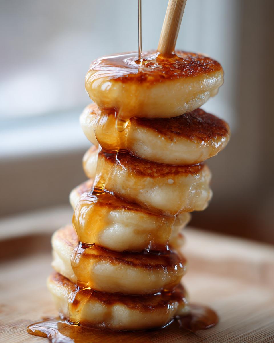 Ein Stapel fluffiger Mini-Pancake-Spieße, über die reichlich Ahornsirup fließt.
