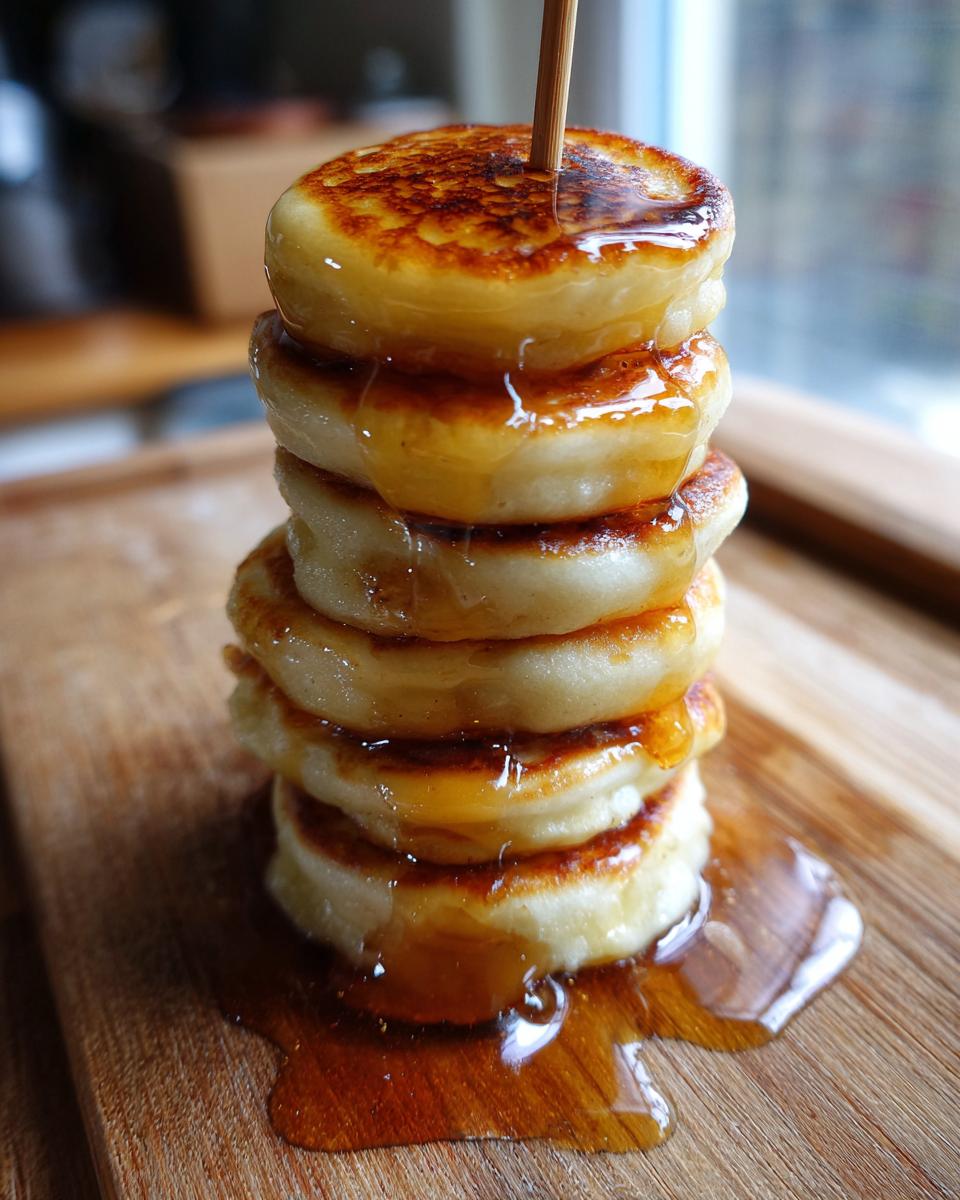 Stapel kleiner, goldbraun gebratener Mini-Pancake-Spieße, übergossen mit Ahornsirup.