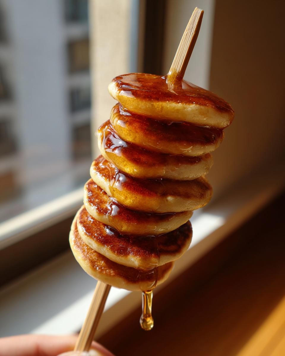 Stapel kleiner, goldbrauner Mini-Pancake-Spieße, übergossen mit Ahornsirup, der heruntertropft.