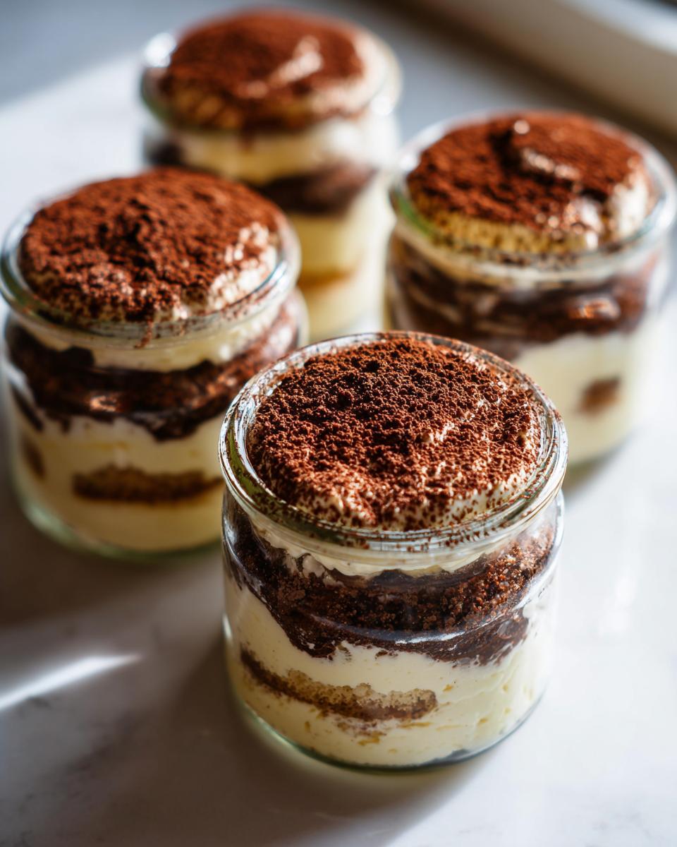 Vier fertig geschichtete Mini-Tiramisu-Törtchen im Glas, großzügig mit Kakaopulver bestäubt.