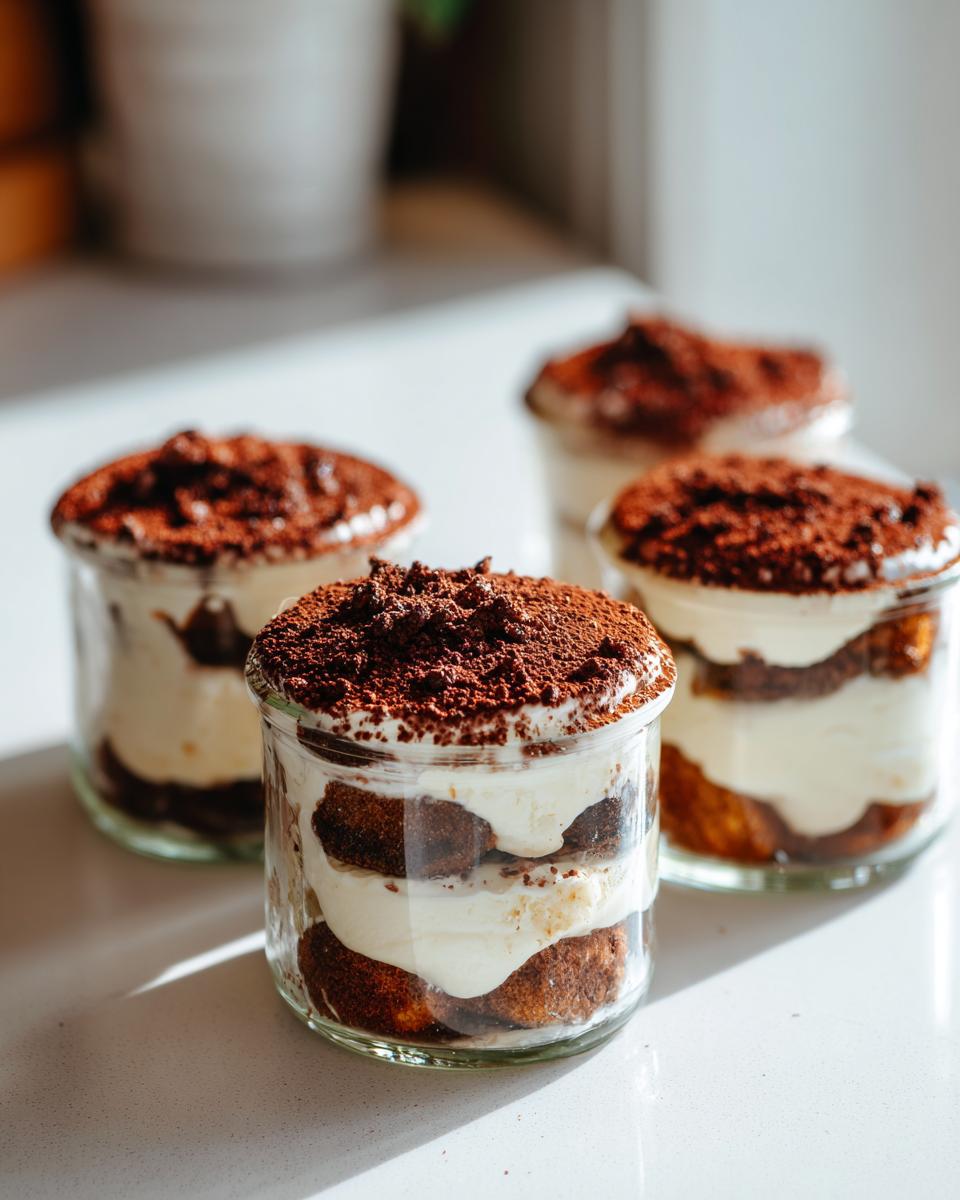 Vier geschichtete Mini-Tiramisu-Törtchen im Glas, reichlich mit Kakaopulver bestreut.