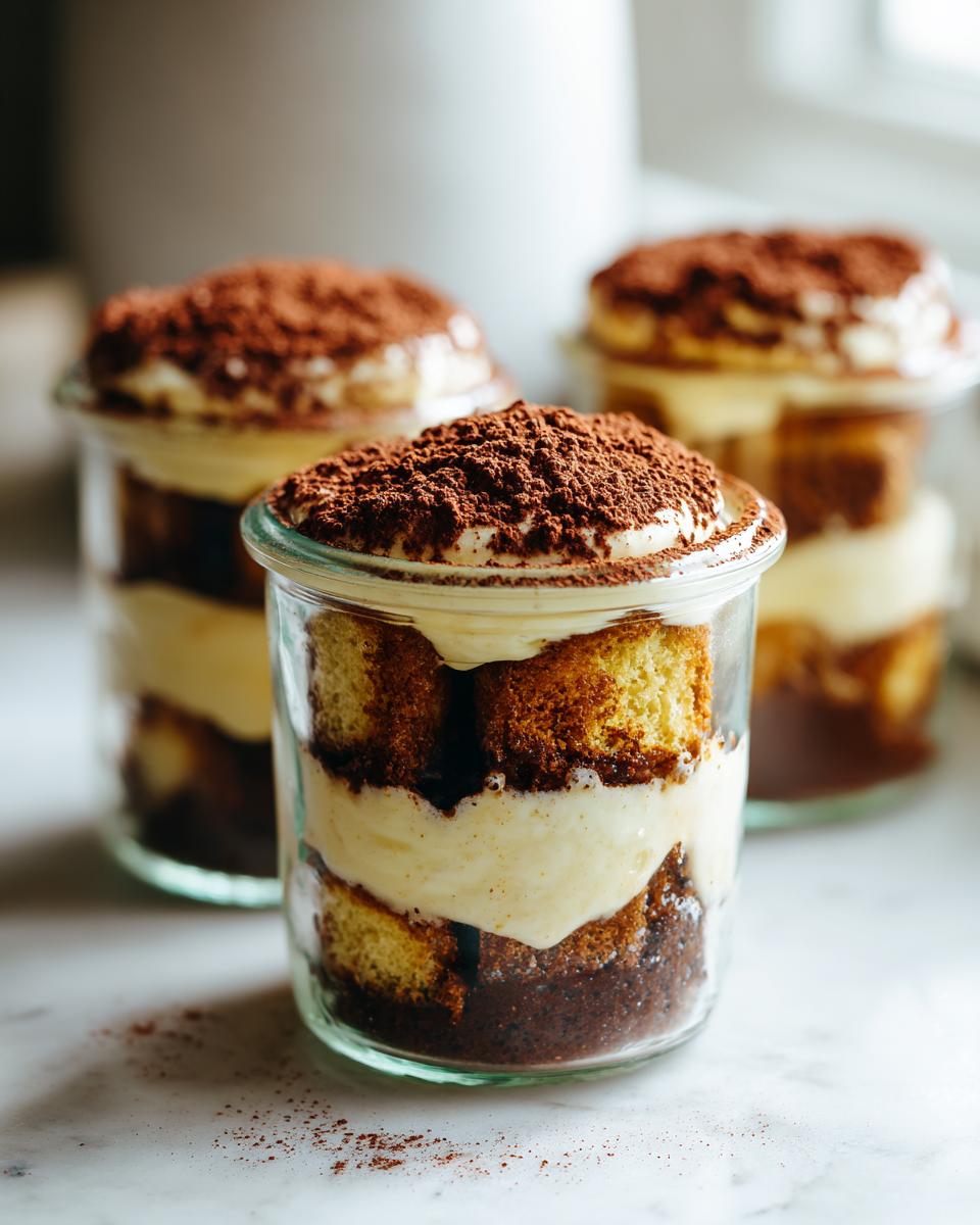 Drei geschichtete Mini-Tiramisu-Törtchen im Glas mit Kakaopulver bestäubt.
