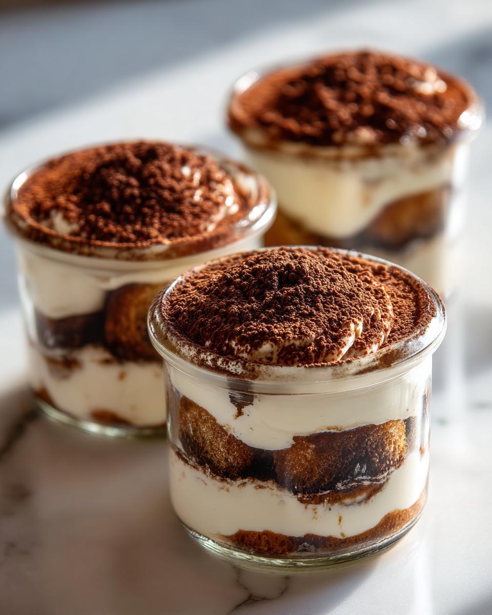 Drei geschichtete Mini-Tiramisu-Törtchen im Glas, üppig mit Kakaopulver bestäubt.