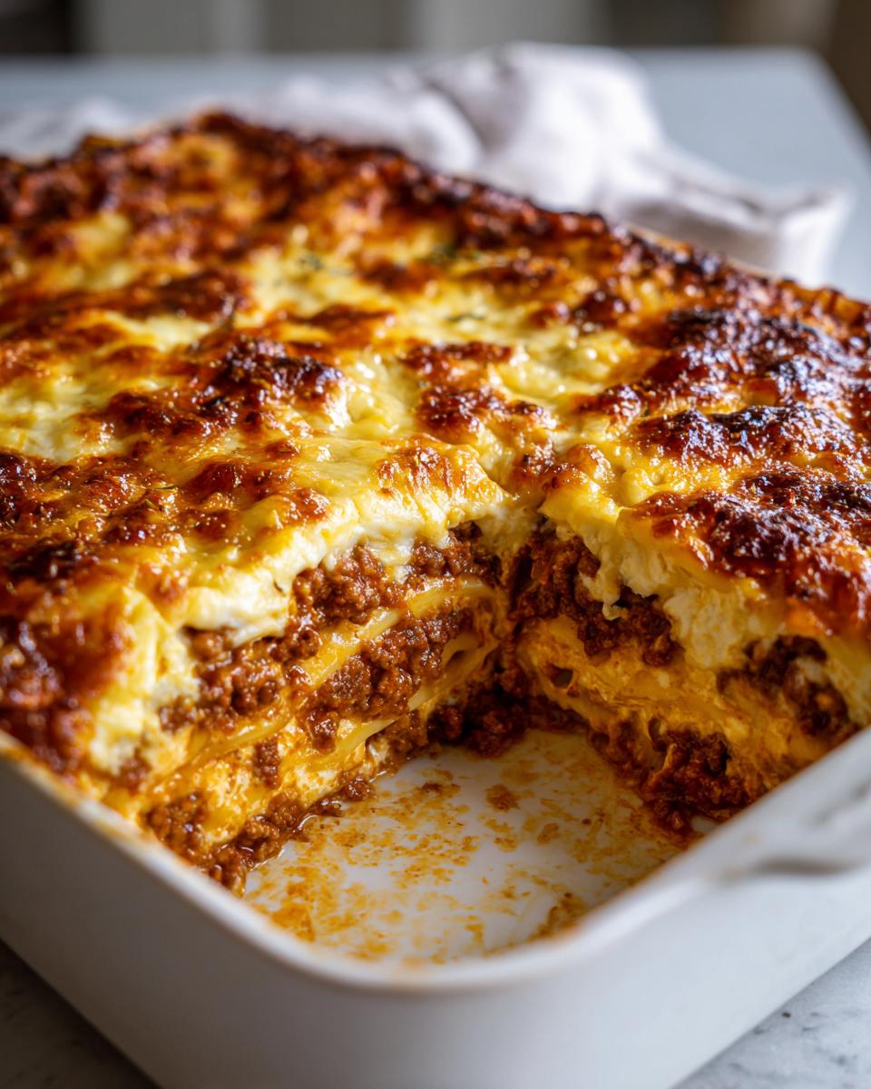 Nahaufnahme eines frisch gebackenen Nudelauflauf mit Hackfleisch und Käse in einer weißen Auflaufform, mit goldbrauner Kruste.