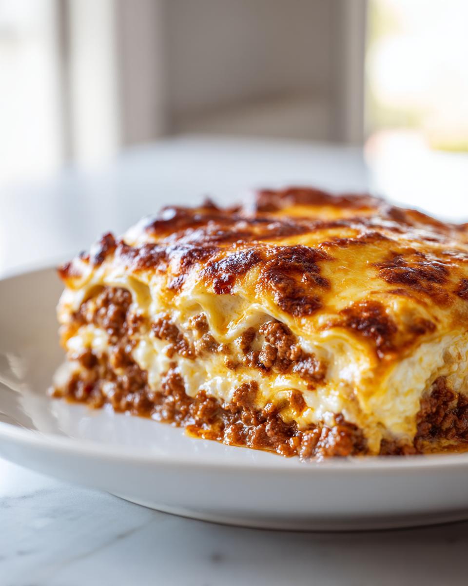Nahaufnahme eines saftigen Stücks Nudelauflauf mit Hackfleisch und Käse, goldbraun überbacken.