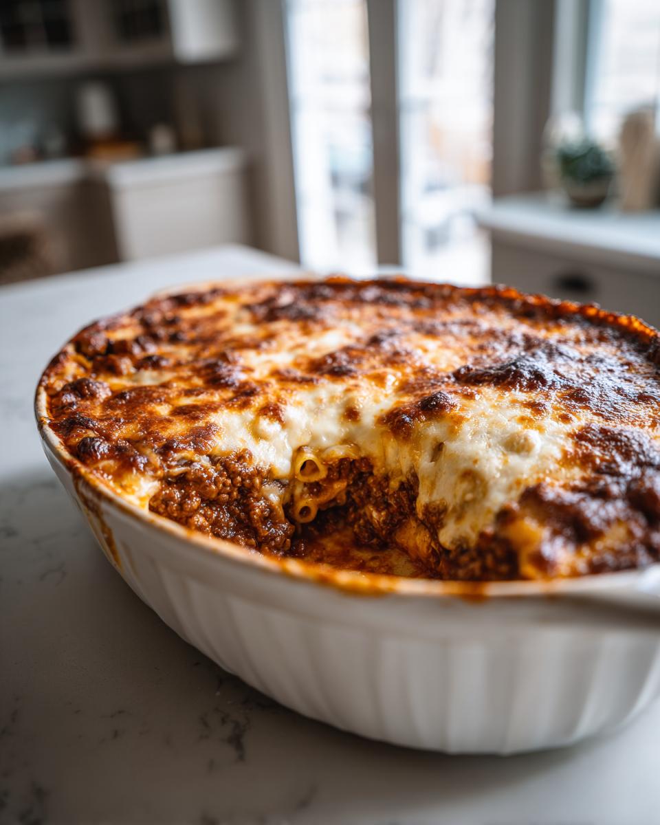 Nahaufnahme eines frisch gebackenen Nudelauflauf mit Hackfleisch und Käse in einer weißen Auflaufform.