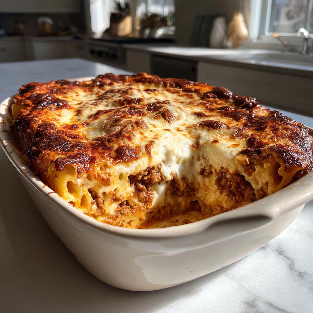 Ein cremiger Nudelauflauf mit Hackfleisch und Käse mit goldbraun überbackener Käsekruste in einer Auflaufform.