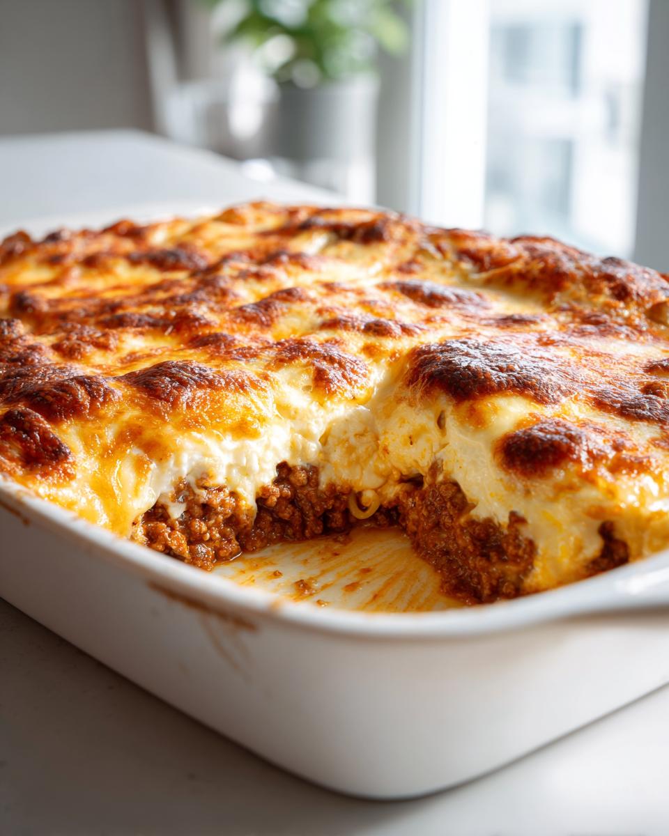 Ein Anschnitt des cremigen Nudelauflauf mit Hackfleisch und Käse mit goldbraun überbackener Käsekruste.