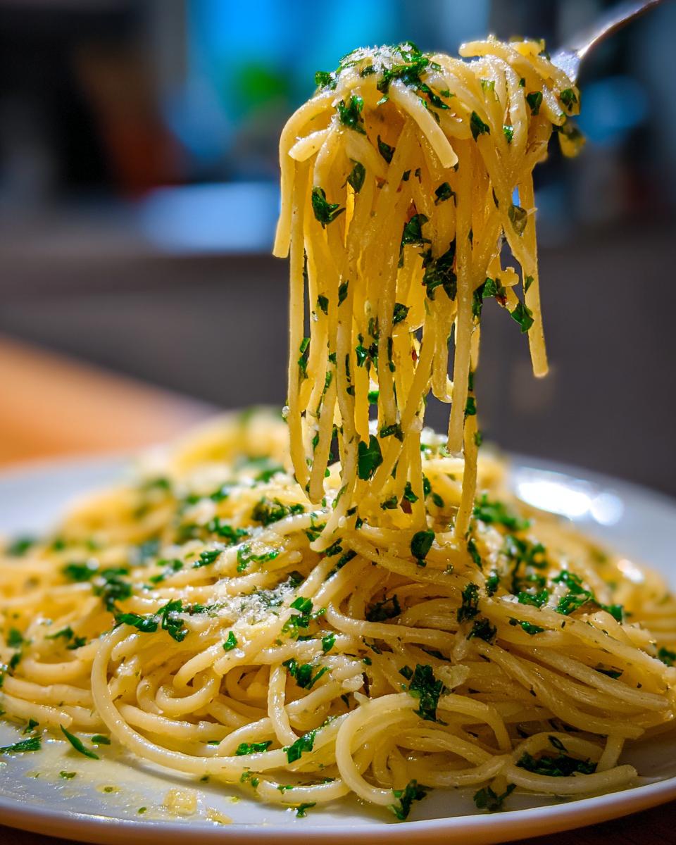 Gabel mit langen Strähnen Nudeln mit Butter, Knoblauch und Petersilie, die von einem Teller hochgezogen werden.