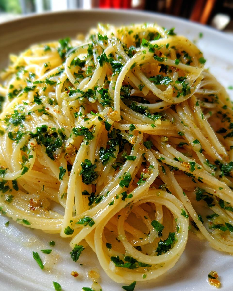 Nahaufnahme von glänzenden Nudeln mit Butter, Knoblauch und viel frischer Petersilie.