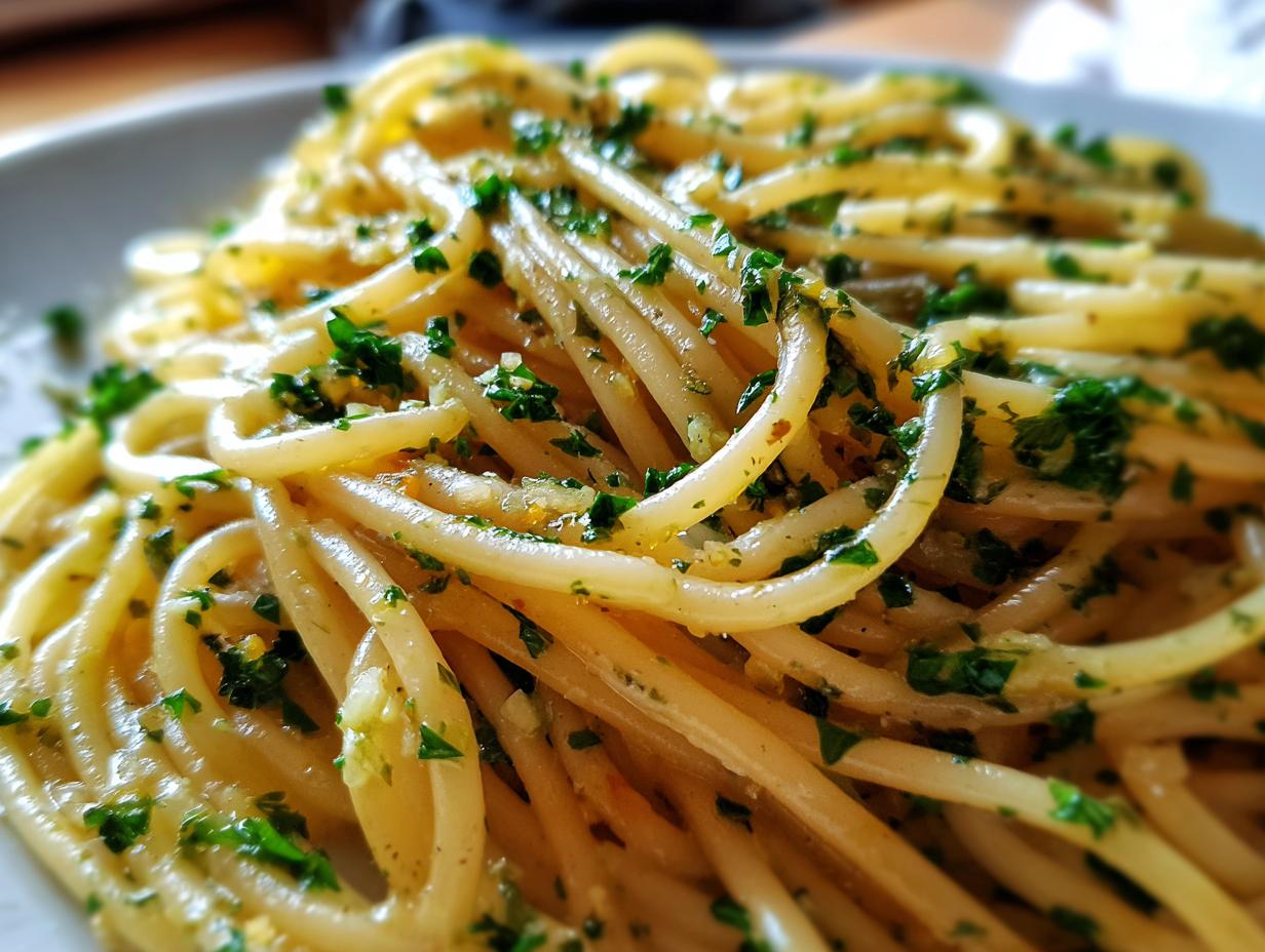 Nahaufnahme von saftigen Nudeln mit Butter, Knoblauch und Petersilie, perfekt angerichtet.
