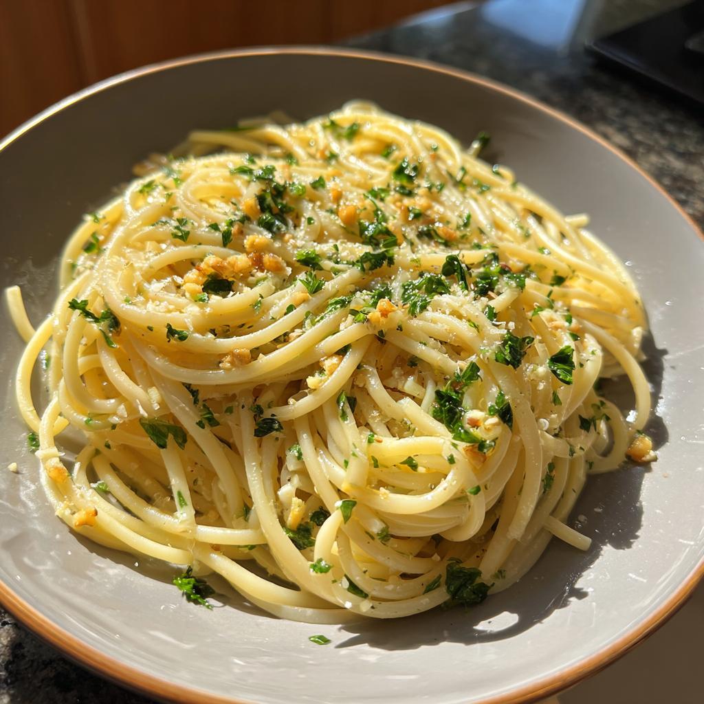 Teller mit leckeren Nudeln mit Butter, Knoblauch und Petersilie, appetitlich angerichtet.