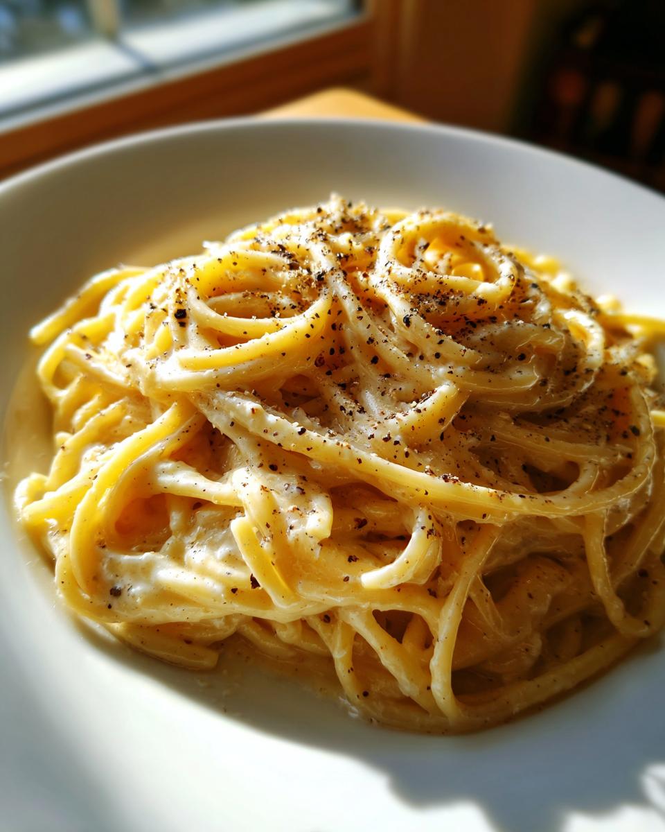 Nahaufnahme von cremigen Nudeln mit Parmesan und Pfeffer, reichlich mit schwarzem Pfeffer bestreut.