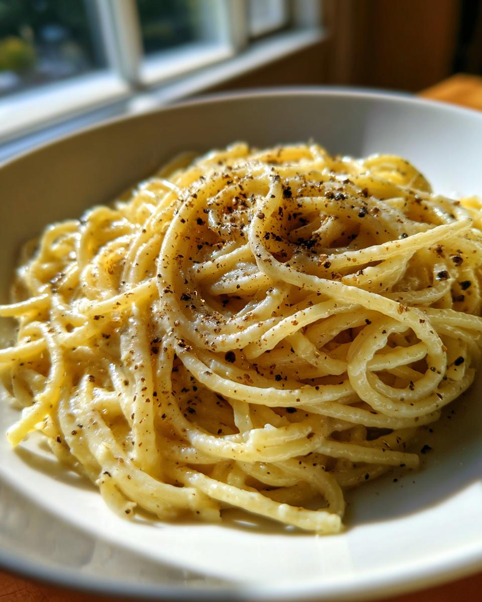Nahaufnahme von cremigen Nudeln mit Parmesan und Pfeffer, appetitlich angerichtet in einer weißen Schale.