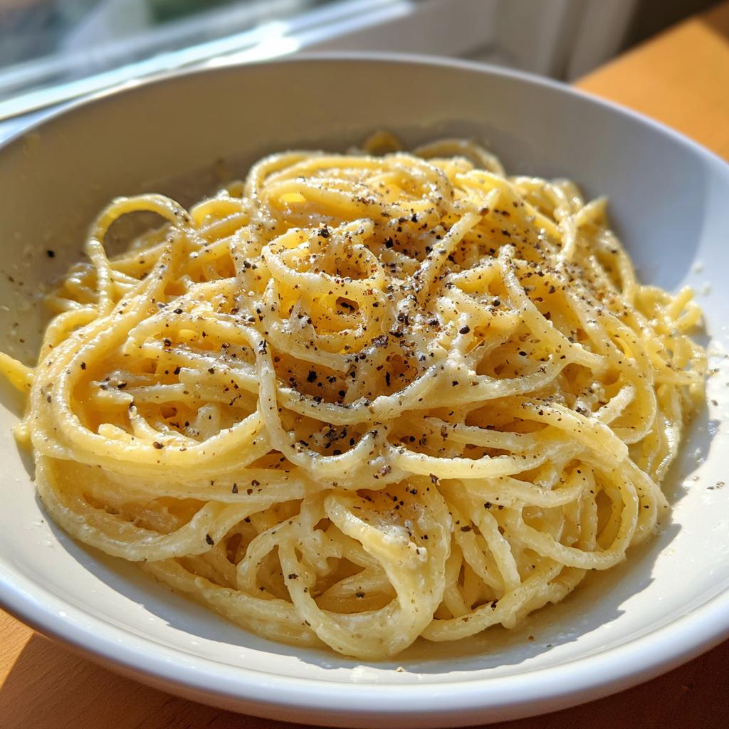 Nahaufnahme von cremigen Nudeln mit Parmesan und Pfeffer in einer weißen Schüssel, appetitlich angerichtet.