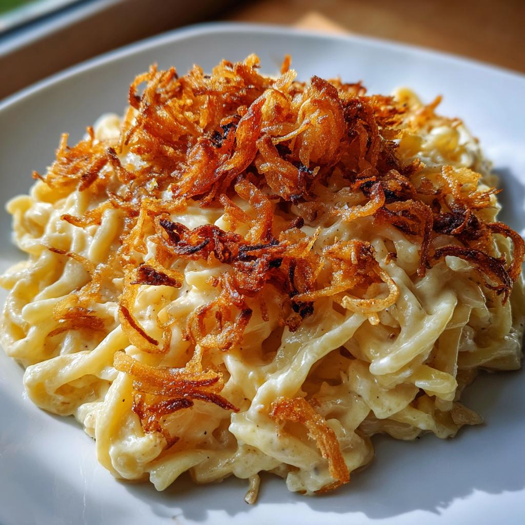 Nahaufnahme von Nudeln mit Sahne und einer großzügigen Portion goldbrauner Röstzwiebeln.