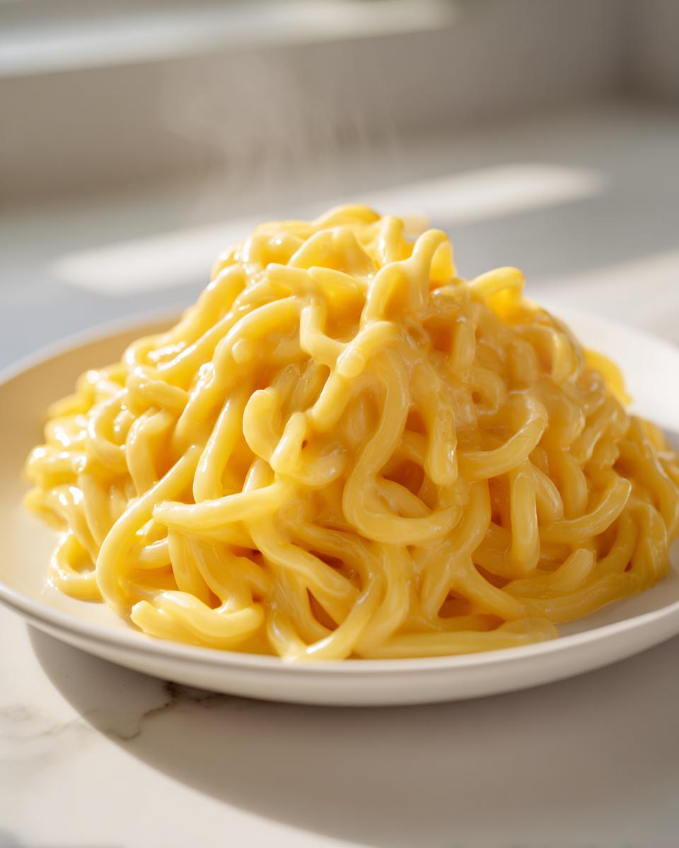 Nahaufnahme einer dampfenden Portion Nudelpfanne mit einfacher Käsesauce auf einem weißen Teller.