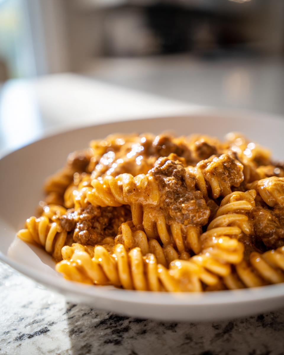 Nahaufnahme einer Portion Nudelpfanne mit Hackfleisch und Frischkäse, mit Fusilli-Nudeln und reichhaltiger Soße.