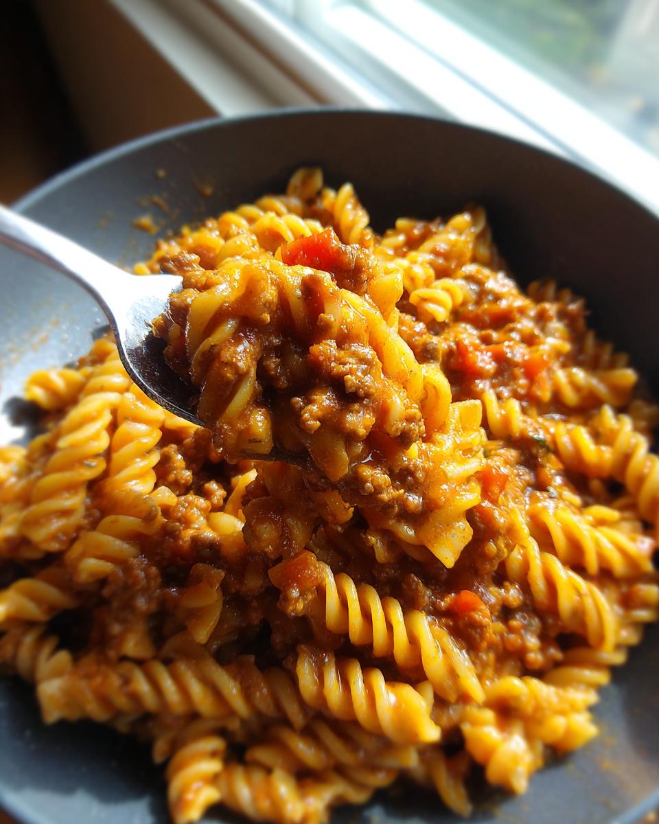 Nahaufnahme einer Gabel, die eine Portion cremiger Nudelpfanne mit Hackfleisch und Schmand aufnimmt.