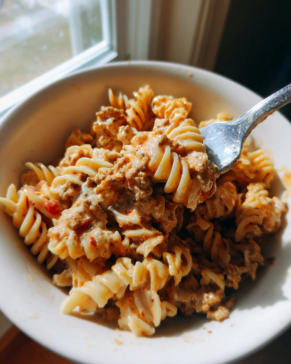 Nahaufnahme einer Gabel, die eine Portion cremiger Nudelpfanne mit Hackfleisch und Schmand aus einer weißen Schüssel hebt.
