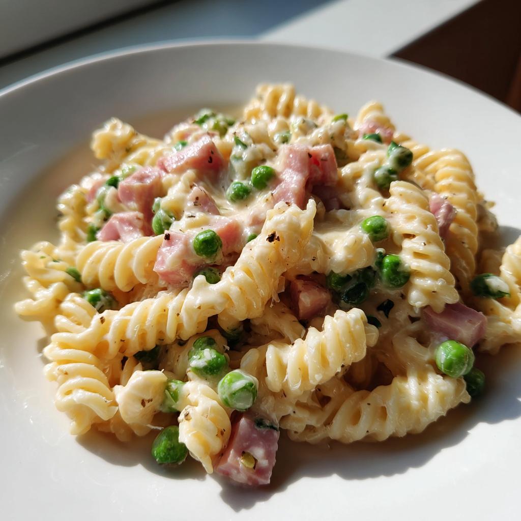 Nahaufnahme einer cremigen Nudelpfanne mit Schinken und Erbsen, serviert auf einem weißen Teller.