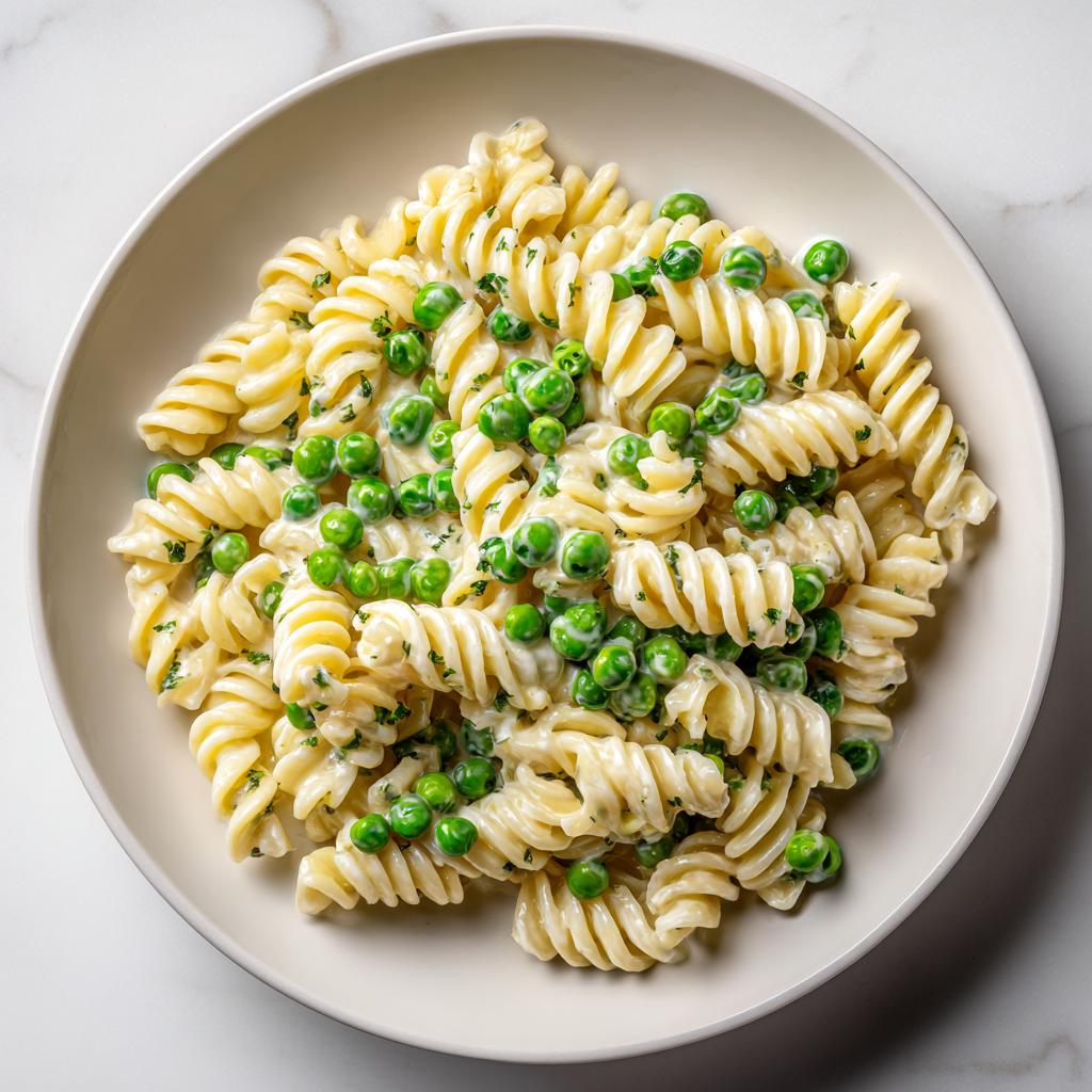 Nahaufnahme von cremigem Nudelsalat klassisch mit Erbsen und Spiralnudeln in einer hellen Schüssel.