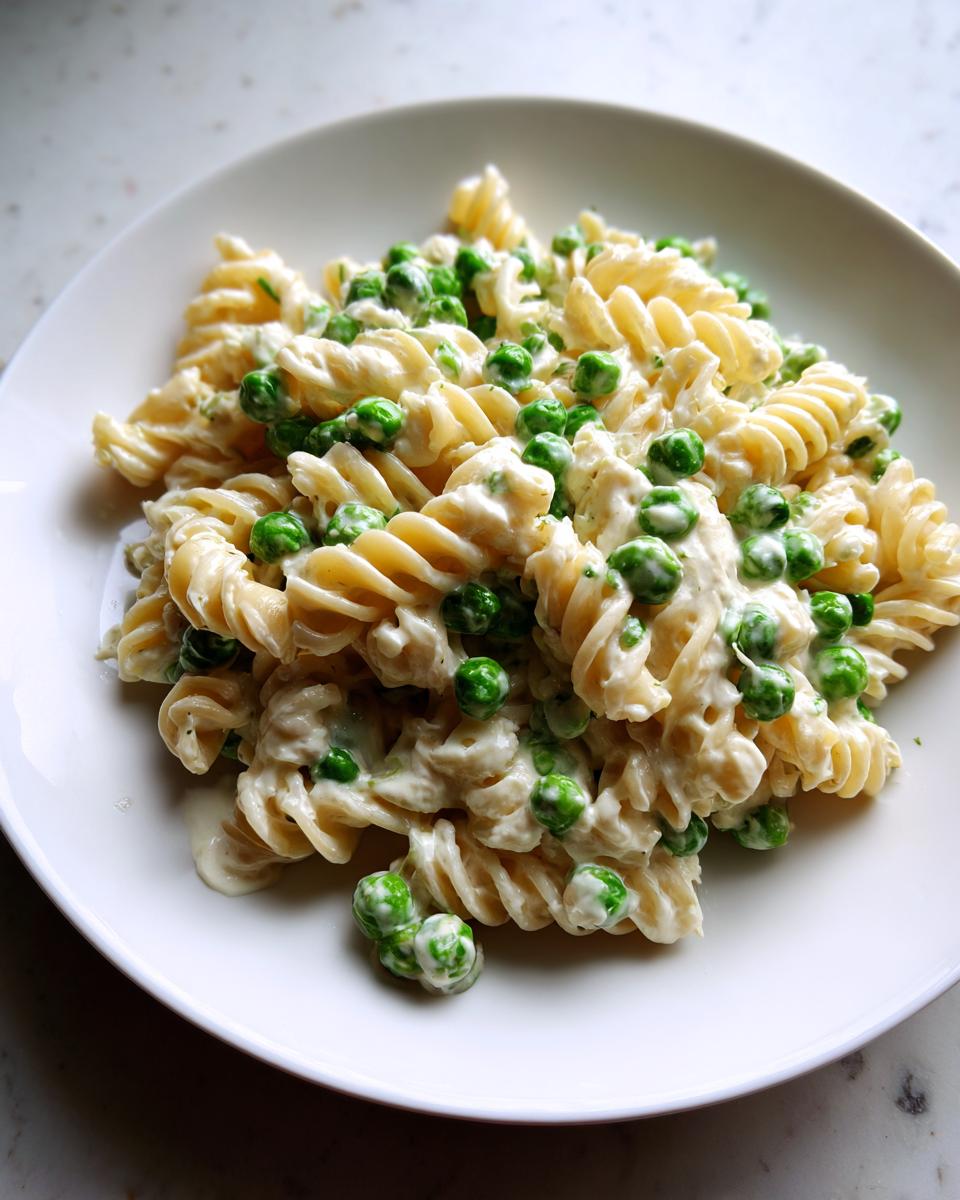 Nahaufnahme von cremigem Nudelsalat klassisch mit Erbsen und Spiralnudeln auf einem weißen Teller.