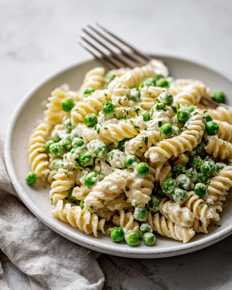Nahaufnahme von cremigem Nudelsalat klassisch mit Erbsen und Spiralnudeln auf einem hellen Teller.