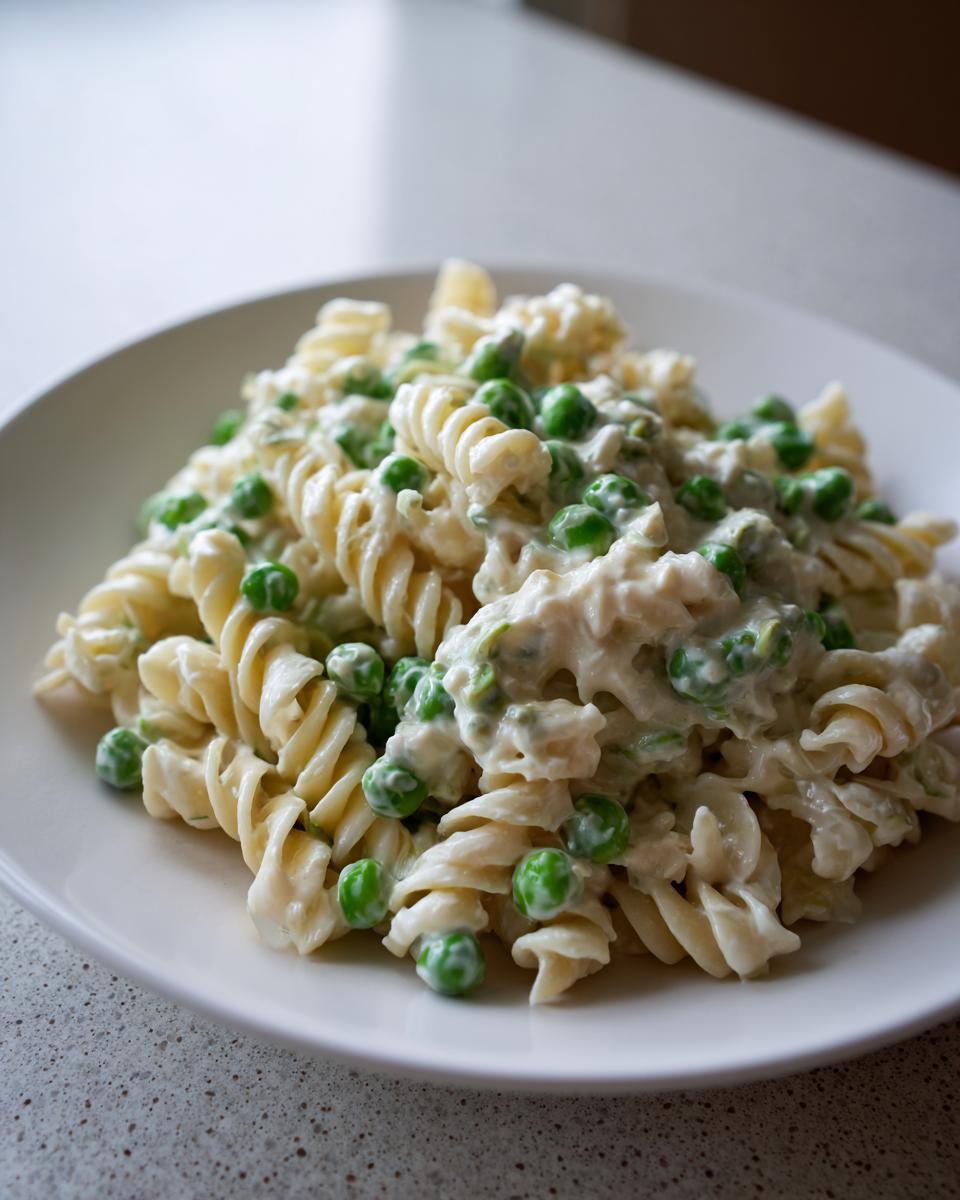 Cremiger Nudelsalat klassisch mit Erbsen und Spiralnudeln auf einem weißen Teller.