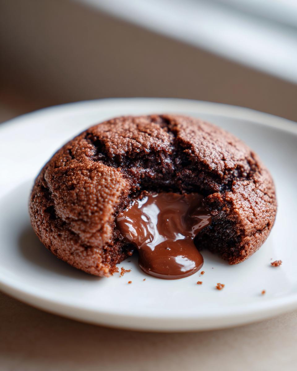 Ein aufgeschnittener, schokoladiger Nutella-Lava-Cookie mit flüssigem Kern, der auf einem weißen Teller zerläuft.