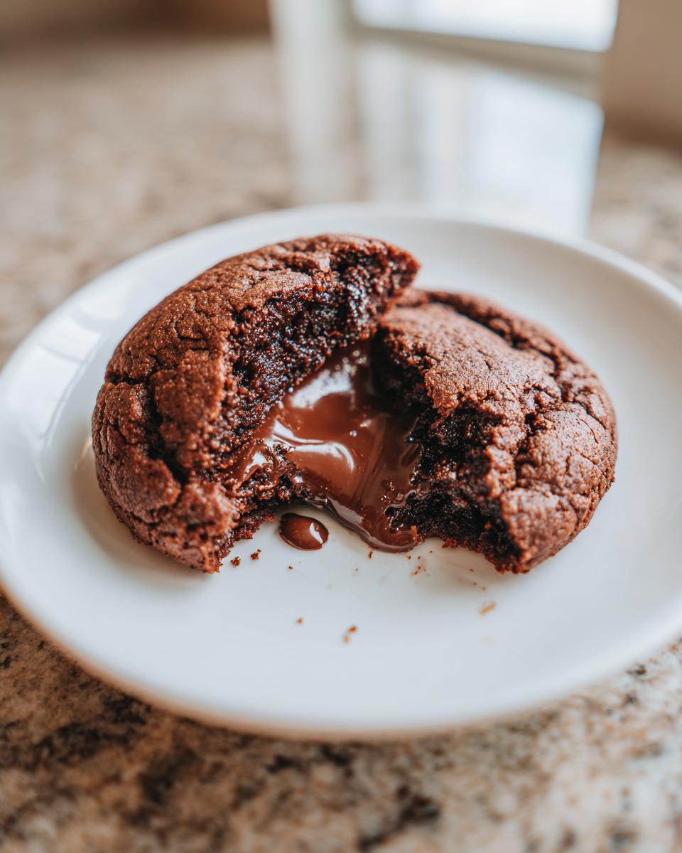 Ein aufgeschnittener Nutella-Lava-Cookie mit flüssigem Schokoladenkern, der auf einem weißen Teller zerläuft.