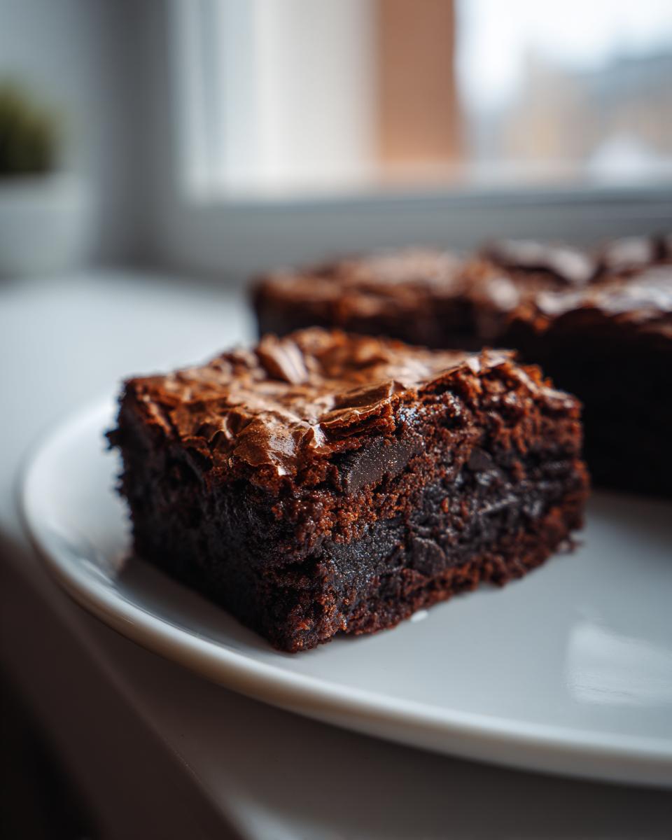 Nahaufnahme eines dicken, saftigen Stücks Oreo-Stuffed-Brownies auf einem weißen Teller mit knuspriger Oberfläche.