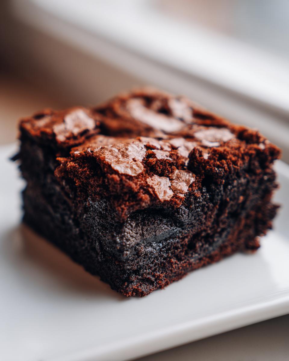 Nahaufnahme eines dunklen, saftigen Stücks Oreo-Stuffed-Brownies mit knuspriger Oberfläche auf einem weißen Teller.