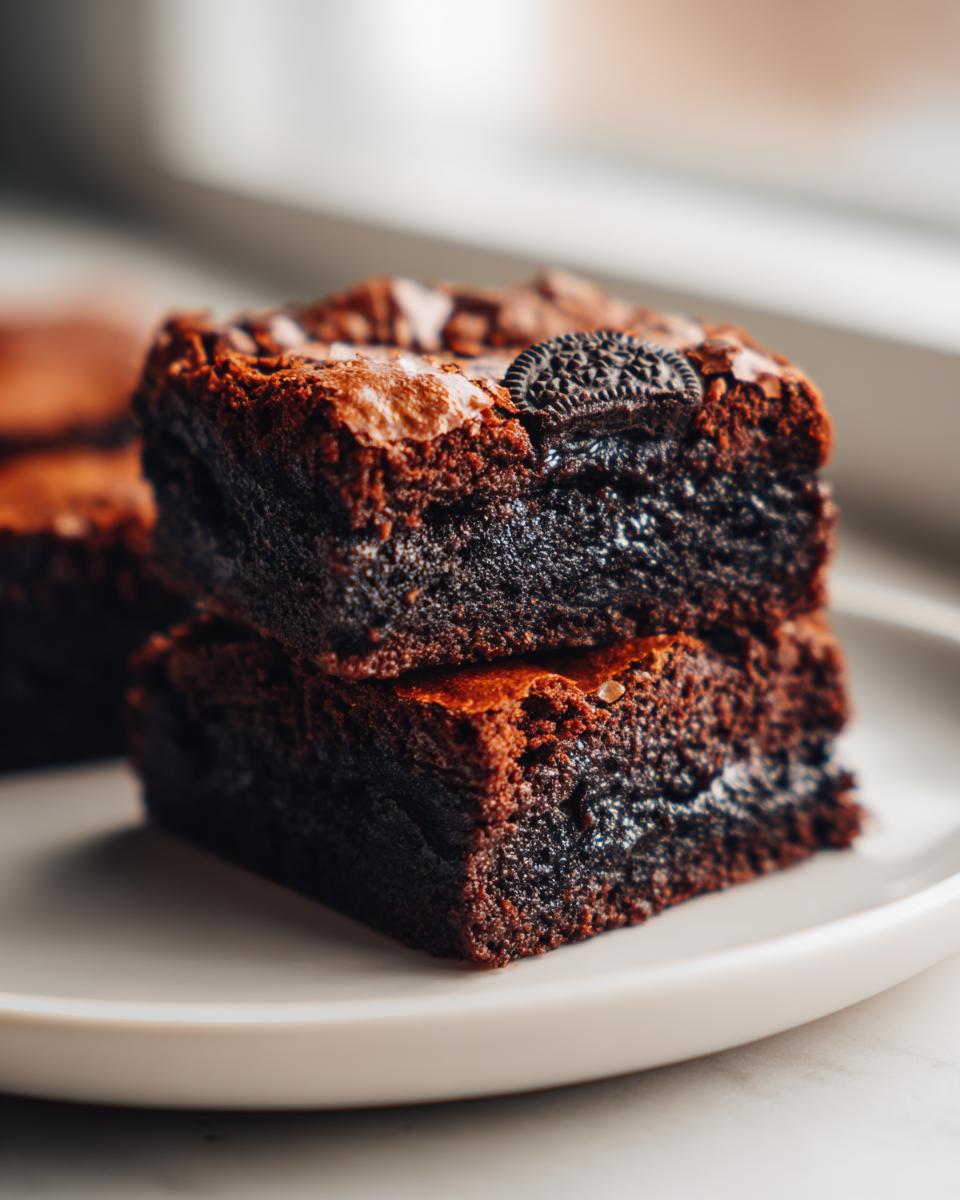 Zwei gestapelte, saftige Oreo-Stuffed-Brownies mit einem ganzen Keks obenauf.