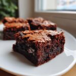 Nahaufnahme eines saftigen, dunkelbraunen Oreo-Stuffed-Brownie mit glänzender Kruste auf einem weißen Teller.