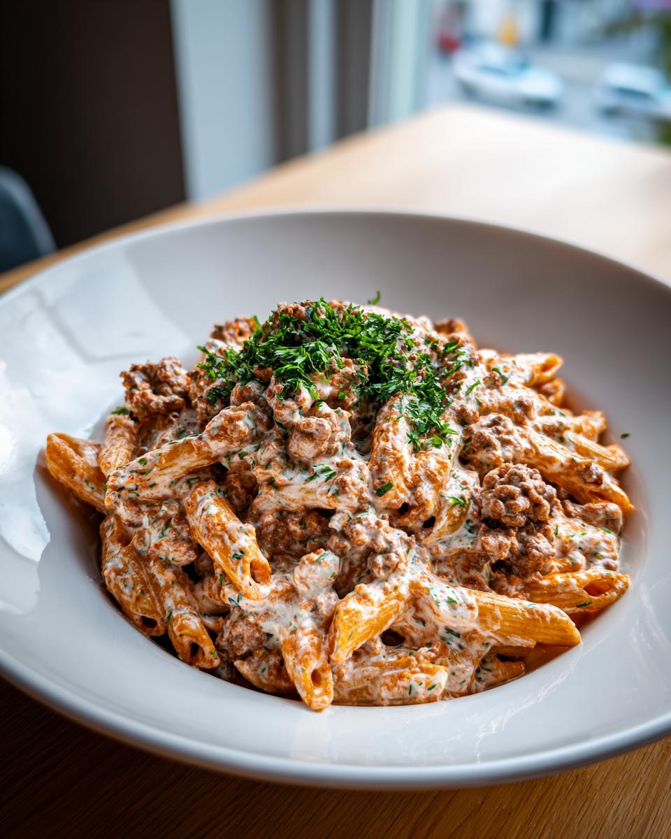 Nahaufnahme von Penne Pasta mit cremiger Hackfleischsoße und frischen Kräutern: Pasta mit Hackfleisch und Kräuterfrischkäse.