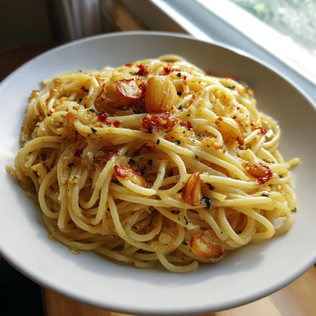 Eine Schale Pasta mit Butter und Röstknoblauch, reichlich verfeinert mit gerösteten Knoblauchscheiben und Chili.