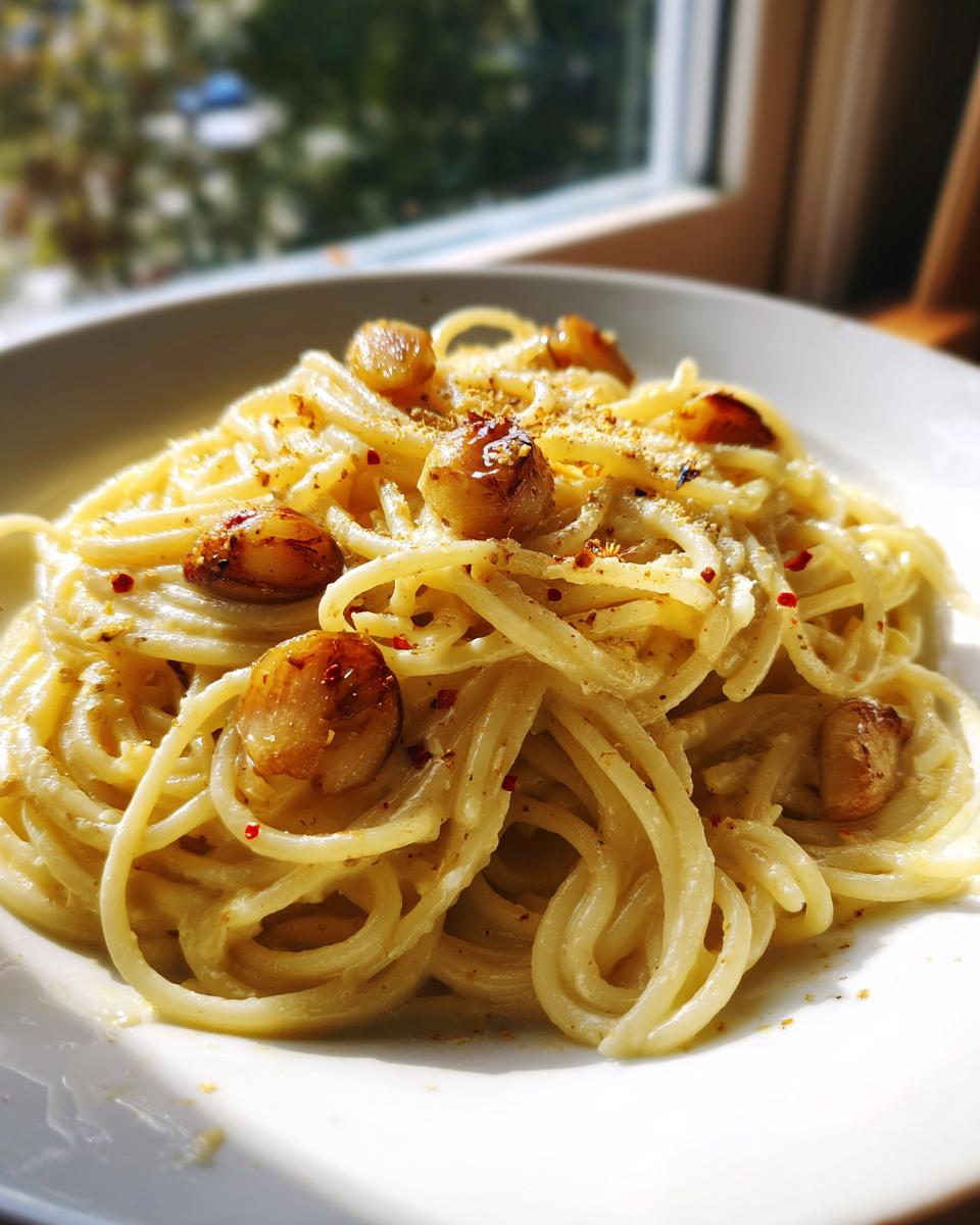 Teller mit cremiger Pasta mit Butter und Röstknoblauch, bestreut mit Gewürzen.