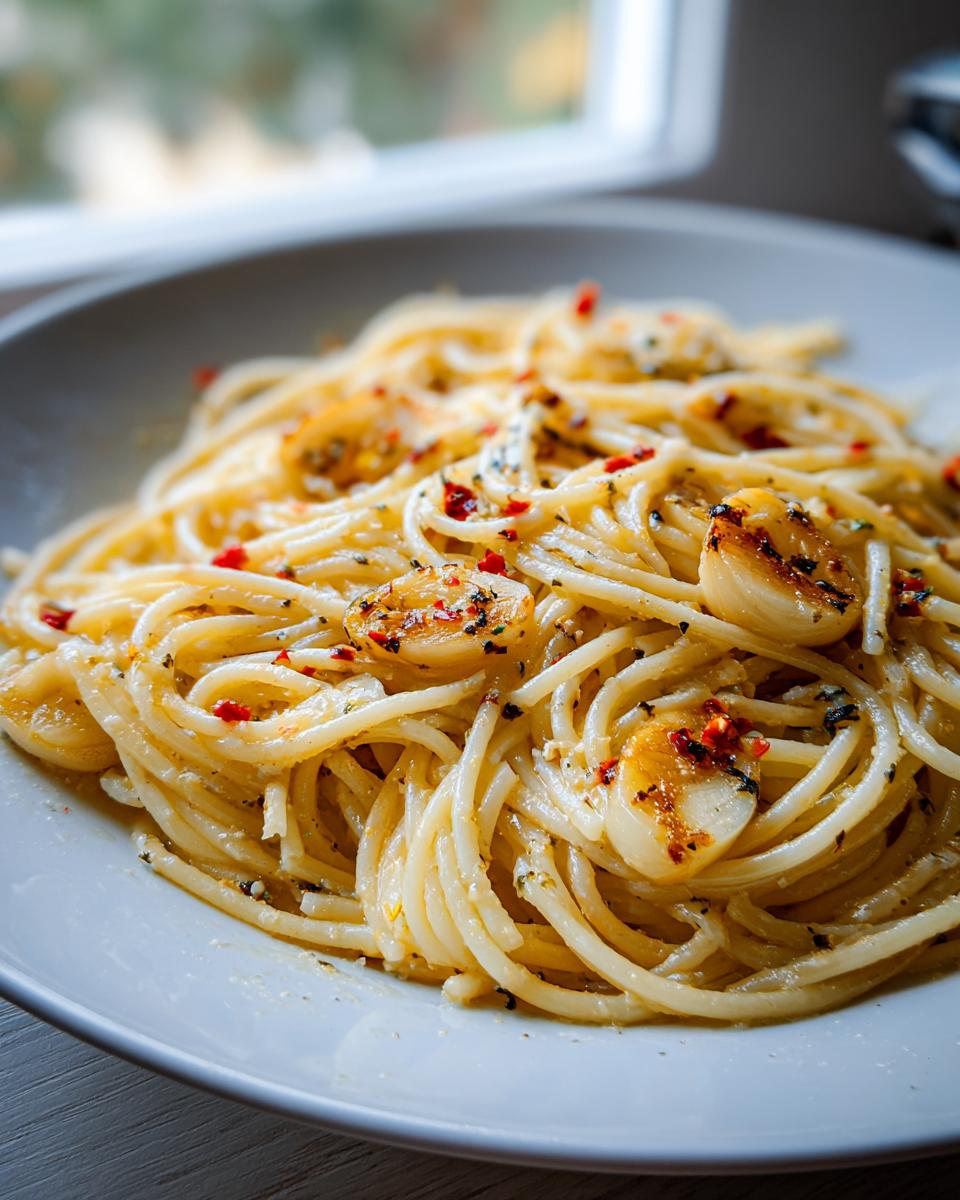 Teller mit leckerer Pasta mit Butter und Röstknoblauch, bestreut mit Chili und Kräutern.